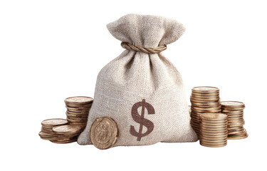 Beige canvas money bag, filled with gold coins