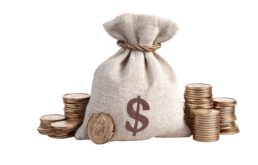 Beige canvas money bag, filled with gold coins