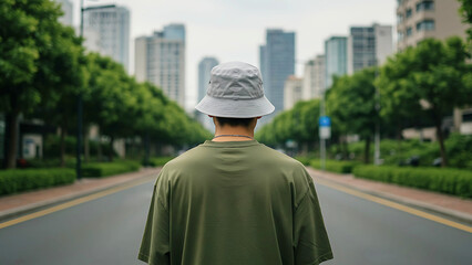 Obraz premium Rear view of a young man in a bucket hat walking down an empty city street towards a modern skyline.