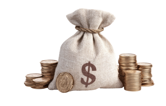 Beige canvas money bag, filled with gold coins