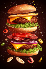 A deliciously stacked burger with layers of cheese, lettuce, and meats against a colorful background