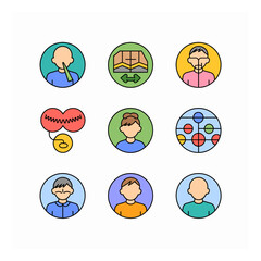 Diverse collection of colorful avatar illustrations in circles representing various individuals and concepts in a modern vector style