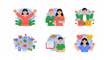 Diverse collection of vector illustrations portraying individuals expressing positivity, connection, and self-assurance in various scenarios