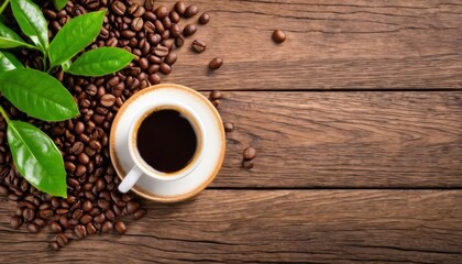 There are coffee beans and green leaves on a wooden table, and next to it is a white cup with black coffee on a white saucer.