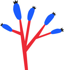 Minimalist vector illustration of a red plant with five blue berries and black sepals, isolated on a white background, representing concepts of growth, nature, and simplicity