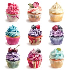 Nine colorful cupcakes with frosting and fruit toppings on a white background