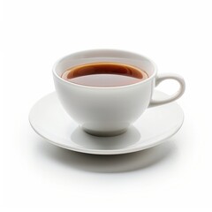 White ceramic teacup filled with dark brown liquid, resting on a saucer, against a white background