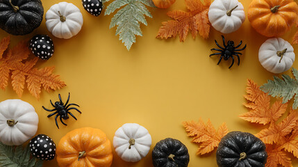 A festive Halloween arrangement featuring black, white, and orange pumpkins surrounded by autumn leaves and decorative spiders on a warm yellow background