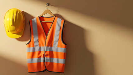 High-visibility safety vest and hard hat hanging on a wall, essential protective gear for construction work and hazardous environments.