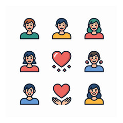 Diverse group of people expressing love and kindness with hearts, a colorful vector illustration conveying affection and connection
