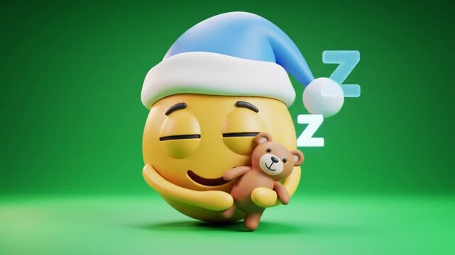 A sleepy yellow emoji wearing a blue and white nightcap, hugging a teddy bear, symbolizing comfort and bedtime on a green background
