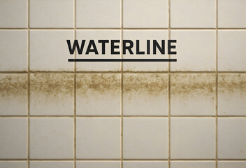 White ceramic tiled wall stained with a visible dirty waterline, with the word &ldquo;WATERLINE&rdquo; marked above the line, indicating flood or water damage.