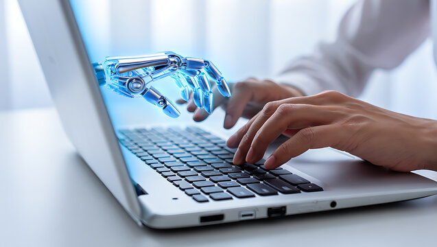 Robotic hand and human hands typing on laptop artificial intelligence technology