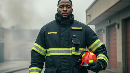Confident African American firefighter in professional uniform holding a helmet, portrait of a modern hero.
