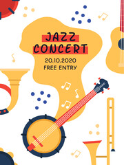 Colorful jazz concert advertising poster featuring various instruments like banjo, guitar, saxophone, and trombone, promoting a musical event with free entry