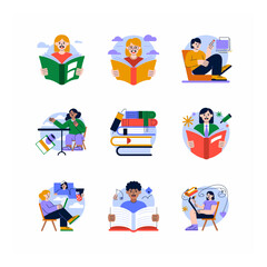 Fototapeta premium Diverse individuals engrossed in reading activities showcasing education, creativity, and imagination in colorful vector illustrations