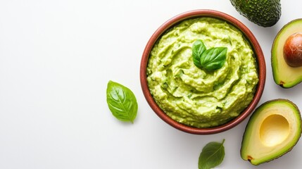 Obraz premium A vibrant bowl of fresh guacamole garnished with basil leaves, accompanied by sliced avocados on a clean, white background.