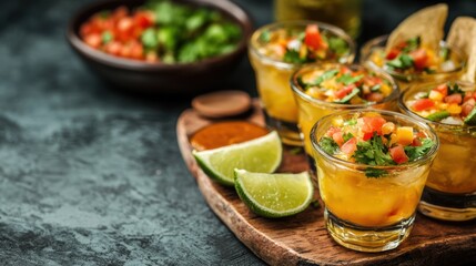 A vibrant display of colorful salsa served in shot glasses, garnished with lime, alongside a bowl of fresh ingredients, showcasing a delicious fusion of flavors.
