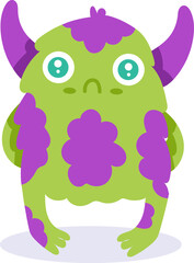 Cartoon illustration featuring a sad green and purple monster with large eyes, prominent horns, and playful purple spots, standing still against a clean white background