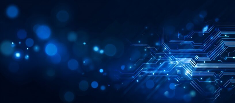 Abstract blue background with circuit board and technology elements, banner design for a digital tech concept. Blue color theme, blue abstract futuristic modern wallpaper with a bokeh effect. 