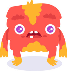 Cartoon illustration of a cute and hairy red monster with orange hair, eyebrows, belly and paws, standing with a surprised expression, opening its mouth and showing two teeth
