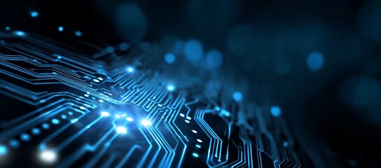 Abstract blue background with circuit board and technology elements, banner design for a digital tech concept. Blue color theme, blue abstract futuristic modern wallpaper with a bokeh effect. 