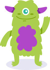 Cartoon illustration of a friendly green monster waving with one large eye and a purple belly, perfect for children's books, toys, or any project that needs a touch of whimsy