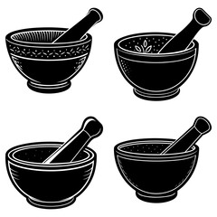 Illustration of four mortar and pestle sets with varying designs in black and white vector format art