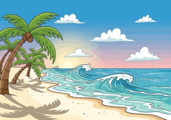 Cartoon Tropical Beach with Palm Trees and Waves Illustration