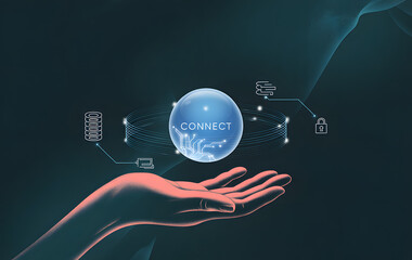 Connected World: A hand cradles a luminous globe with CONNECT at its heart, surrounded by icons representing data flow, security, and technology.