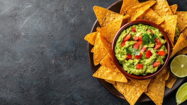 A vibrant bowl of guacamole surrounded by crispy tortilla chips and lime wedges on a textured dark background. - Powered by Adobe