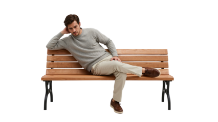 Man relaxing on park bench outdoor lifestyle fashion casual wear thoughtful pose male model advertising image on transparent background