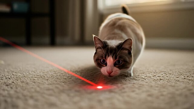 Playful cat stalking a red laser pointer beam on a beige carpet, indoors, near a window