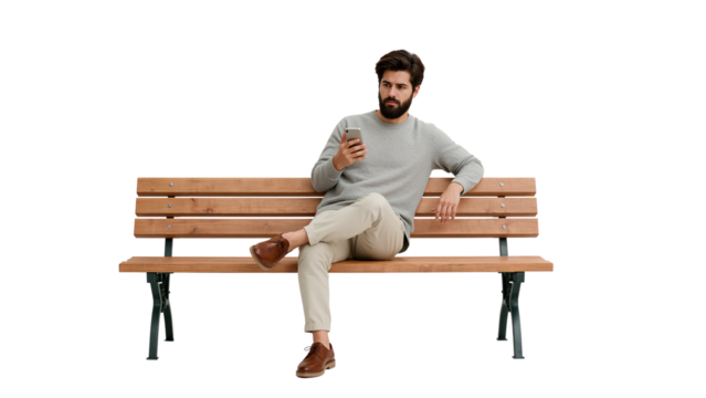 Man sitting on park bench using smartphone outdoors lifestyle bearded model casual wear fashion photography on transparent background - Powered by Adobe