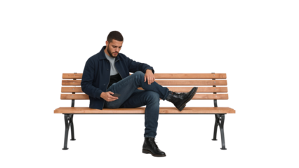 Man sitting on park bench using phone mobile technology lifestyle outdoor casual fashion thoughtful style on transparent background