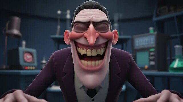 Animated villain character with exaggerated features, laughing maniacally in a dark laboratory setting.