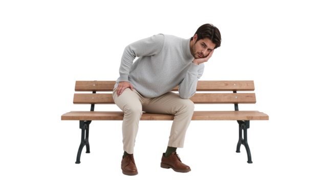 Man sitting on bench photo: contemplative male model outdoor portrait on park bench  on transparent background
