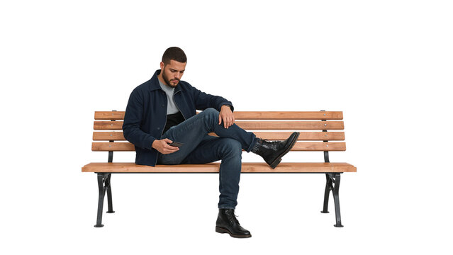 Man sitting on park bench using phone mobile technology lifestyle outdoor casual fashion thoughtful style on transparent background - Powered by Adobe