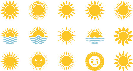 Sun icon set. Vector flat design. Collection of sun stars for use in as logo or weather icon. Yellow suns circles, bright natural lighting objects