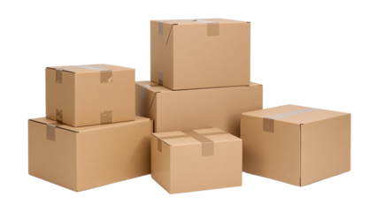 Cardboard boxes for moving shipping packaging storage delivery brown carton stack on transparent background