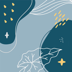 Modern and elegant abstract background featuring organic shapes, leaves, lines, and dots in a harmonious color palette, creating a visually appealing design