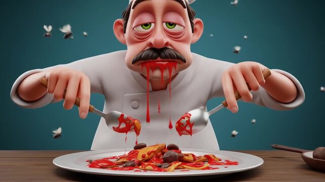 A cartoon chef, covered in food, appears to be eating a messy meal, surrounded by flies.