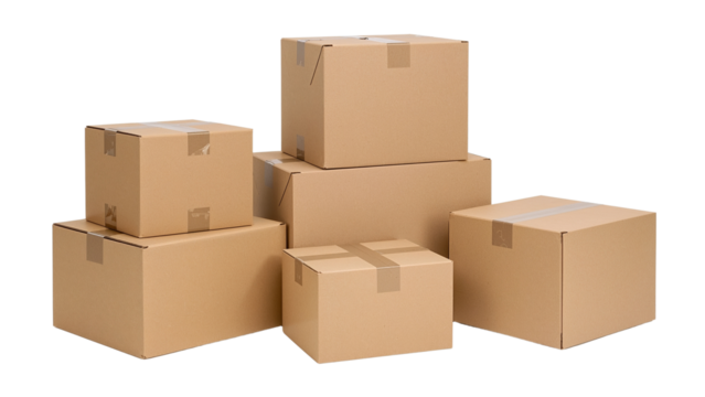 Cardboard boxes for moving shipping packaging storage delivery brown carton stack on transparent background
