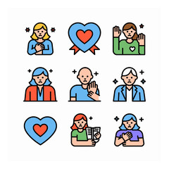 Illustration of Diverse People Expressing Emotions and Gestures with Heart Symbols in a Cartoon Style