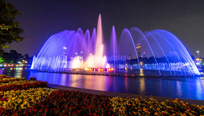 Vivid city park fountain illuminated with colorful LED lights surrounded by blooming flowers suitable for editorial and travel features

