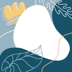 White copy space with irregular rounded shape over a light blue and dark blue background with decorative leaves and lines, simple and elegant design