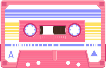 Pink audio cassette featuring colorful stripes, playing side A while showcasing magnetic tape and reels, capturing nostalgia for retro music technology from the 80s and 90s