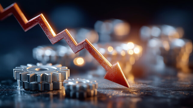 Economic Downturn: A downward trend is visualized by a red arrow, symbolizing the decline and its effect on industry.