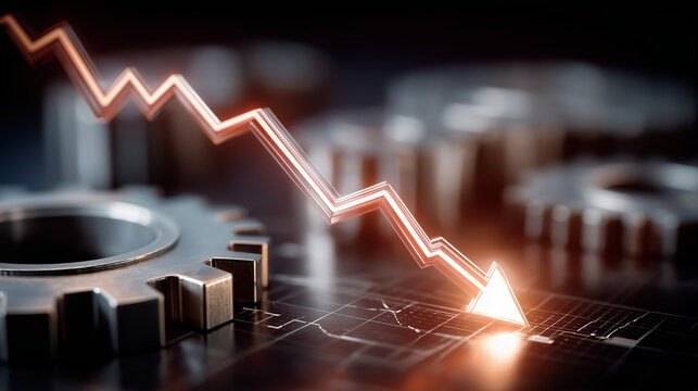 Economic Downturn Concept: A stark visual representation of economic decline, featuring a downward-trending arrow superimposed over industrial gears.