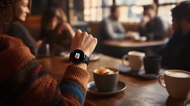 Casual caf scene with a smartwatch displaying an incoming call notification worn by someone sipping a latte with soft interior lighting and other patrons in the background